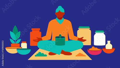  In a bustling marketplace a healer sits crosslegged on a colorful rug surrounded by jars filled with mysterious herbs and medicines. A line of