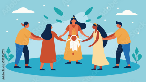  A group of indigenous men and women stand in a circle holding hands and chanting in unison as a healer performs a traditional smudging ceremony