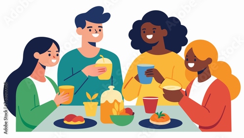  A closeup of a group of individuals sharing food and drink during a traditional potluck ceremony symbolizing the act of coming together and
