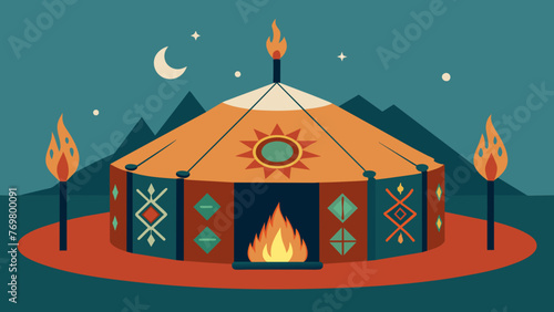  A traditional yurt adorned with woven tapestries and paintings depicting nature and spiritual symbols. Inside a fire crackles in the center