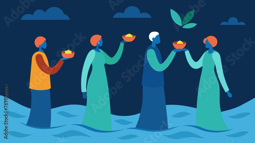  A group of individuals standing in a river each holding a small offering that they throw into the water as a symbol of releasing pain and