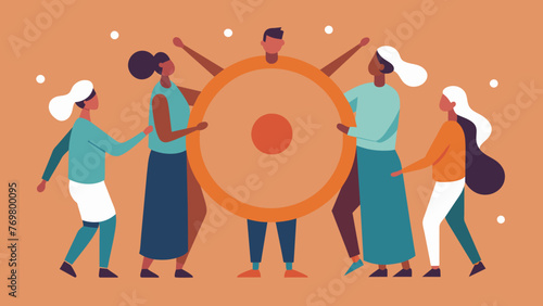  A of hands holding onto a large ceremonial drum with a group of people standing in a circle around it all focused on creating healing rhythms