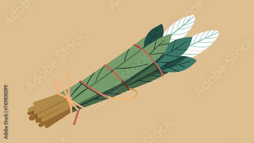  A closeup of a bundle of dried sage leaves tied together with string rests on a shelf next to various other herbs and plant materials. These