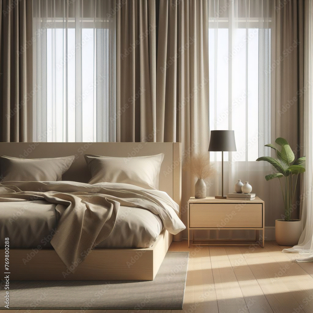 Pared marrón beige en blanco en un dormitorio moderno y lujoso a la luz del sol desde las persianas, cama de madera, manta gris, almohada, mesita de noche en el suelo de parquet para decoración. Pared marrón beige en blanco en un dormitorio moderno y lujoso a la luz del sol desde las persianas, cama de madera, manta gris, almohada, mesita de noche en el suelo de parquet para decoración.