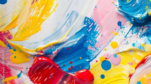 An artistic arrangement of red, yellow, blue, pink, and white colors creating a lively and energetic backdrop.
