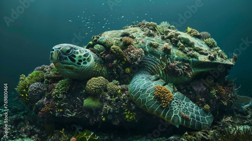 A green sea turtle, carryin...