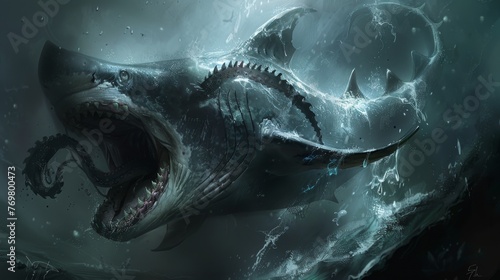 A prehistoric megalodon shark with gaping jaws bursts forth from the dark abyss, as light dances off its massive form. photo