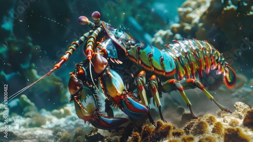 A colorful mantis shrimp with intricate patterns prowls its reef habitat, showcasing its stunning hues and complex anatomy.