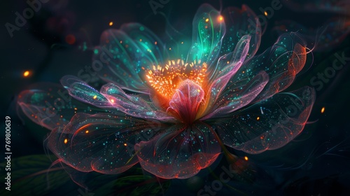 A luminous fantasy flower sparkles with radiant colors, its delicate petals dusted with star-like flecks, nestled in a mystical forest.