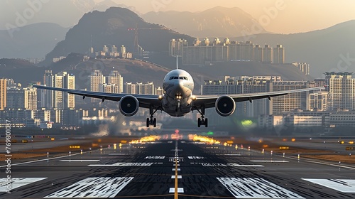 Large airliner being photographed in profile as it takes off from an airport runway and the city in the background, Generative AI.