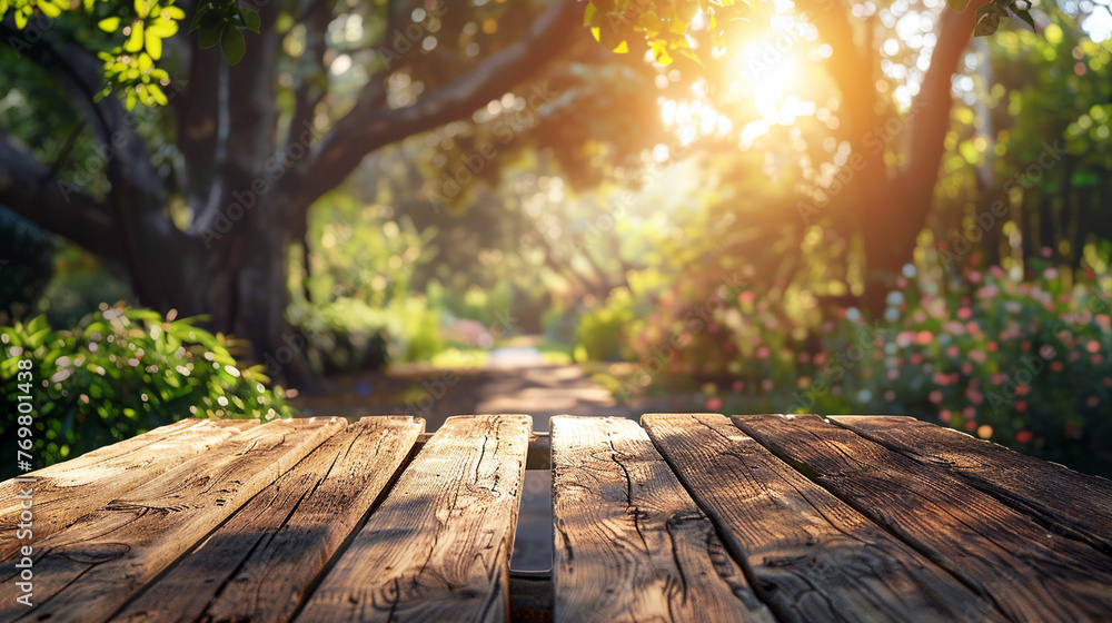 Wooden table on with sunlight in the home yard. Generative AI Wooden table on with sunlight in the home yard. Generative AI