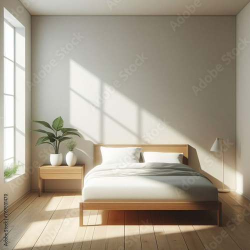 Pared marrón beige en blanco en un dormitorio moderno y lujoso a la luz del sol desde las persianas, cama de madera, manta gris, almohada, mesita de noche en el suelo de parquet para decoración. photo