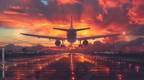 Portrait of a big airliner with its landing gear down and setting off at dusk from an airfield runway and space for advertise, Generative AI. photo