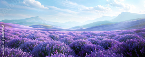 Lavender field over hills with clear skies. Landscape view of full bloom lavender flower. Generative AI