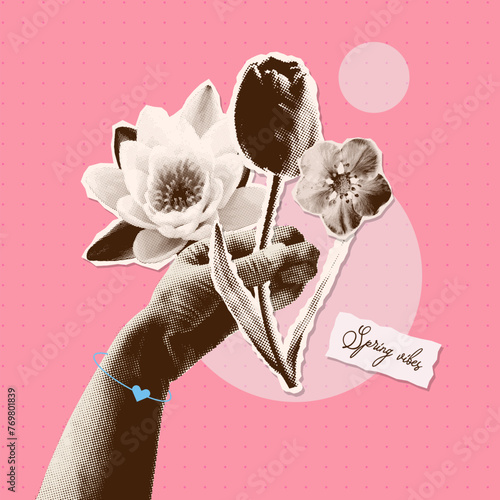 Retro halftone hand holding out a bouquet of flowers. Spring vibes card template with vintage Paper cutout elements. Trendy newspaper collage. Gift for Mother s day. Vector design.