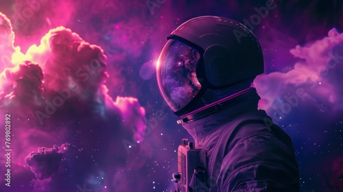 astronaut in profile in space with neon colors