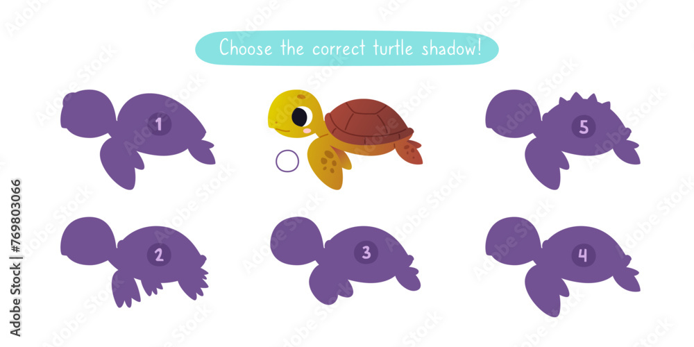 Mini game with cute turtle for kids. Find the correct shadow of cartoon baby turtle. Brainteaser for children. Mini game with cute turtle for kids. Find the correct shadow of cartoon baby turtle. Brainteaser for children.