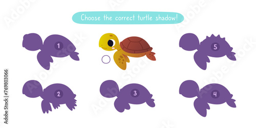 Mini game with cute turtle for kids. Find the correct shadow of cartoon baby turtle. Brainteaser for children.