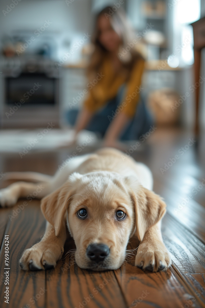 Labrador puppy lies on the wooden floor Labrador puppy lies on the wooden floor