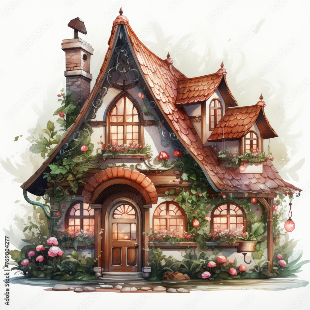 watercolor Kawaii Gingerbread House clipart, Generative Ai