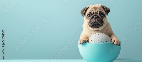 Pug puppy in a large Easter egg - Adorable pug puppy sits in a giant eggshell looking at the camera with a pastel background