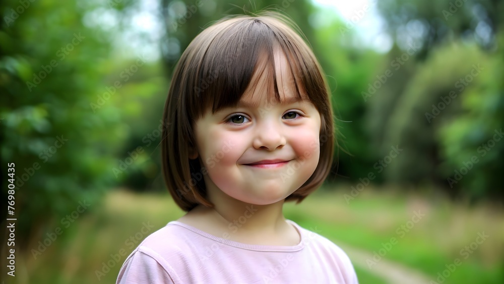 Smiling Girl With Down Syndrome, Bob Haircut, Outdoors Smiling Girl With Down Syndrome, Bob Haircut, Outdoors