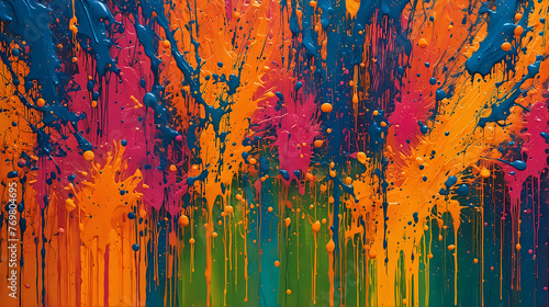 a vibrant and colorful explosion of paint drips in a spectrum of colors ranging from deep blue and purple to bright orange and yellow  creating a dynamic and visually captivating abstract scene