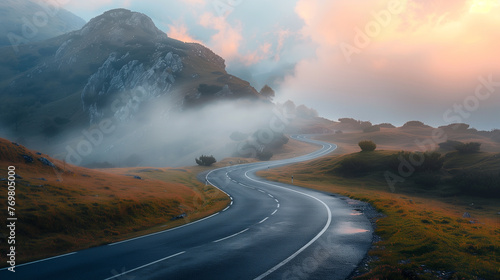 beautiful view on foggy road in the mountains