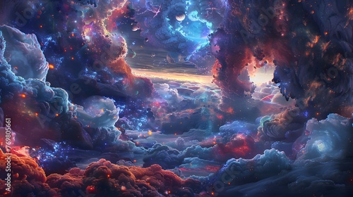 Dark starry space with colorful nebula clouds for astronomy or science fiction backdrops