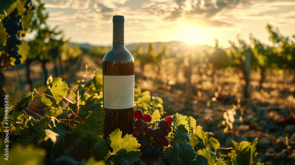 A bottle of red wine in the vineyard s in the evening light of sun. Wine bottle mockup. Vineyard background. Space for text. 