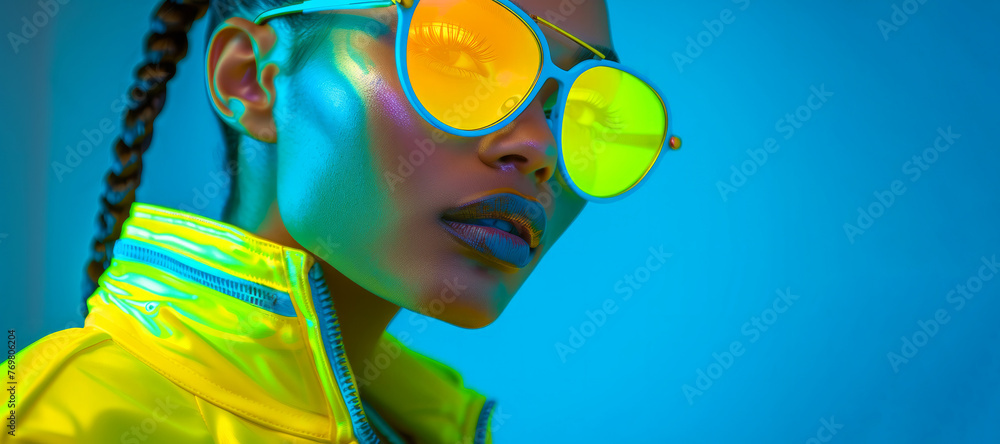 Fototapeta premium A woman wearing green sunglasses is standing in front of a yellow wall. The image has a bright and cheerful mood, with the woman's sunglasses reflecting the light. a high end fashion shoot.