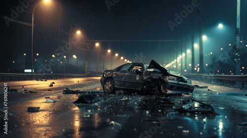 Broken car. Car crash accident on the road at night. Space for text.