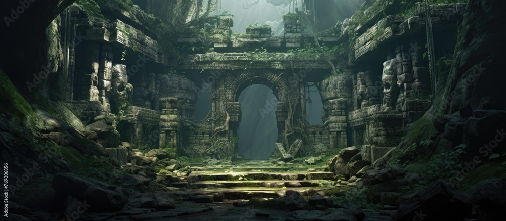 In the heart of the dense jungle sits a mysterious temple, surrounded by terrestrial plants and darkness. Stairs lead up to the ancient building, showcasing a blend of art and history
