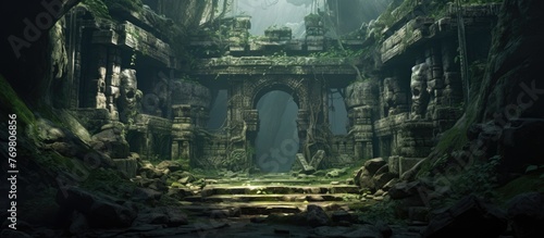 In the heart of the dense jungle sits a mysterious temple  surrounded by terrestrial plants and darkness. Stairs lead up to the ancient building  showcasing a blend of art and history