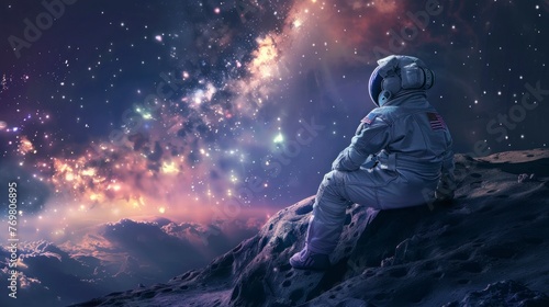 astronaut sitting on a desert planet at night looking at the starry sky in high resolution and quality