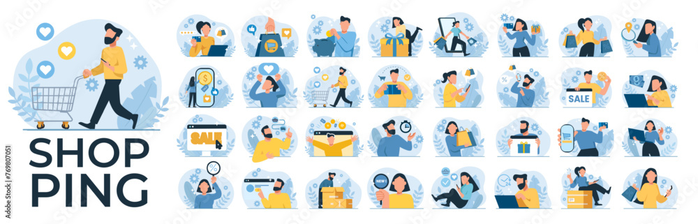 Shopping consumerism concept. Vector set of illustrations of men and women in various activities shopping online Shopping consumerism concept. Vector set of illustrations of men and women in various activities shopping online