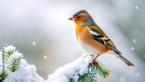 Closeup of a Female Chaffinch Perched on Snowy Tree © ahmta
