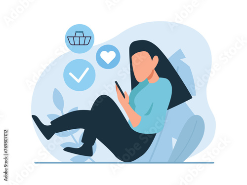 Vector of a woman shopping online via mobile app