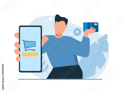 Vector of a man promotes mobile shopping app and a loyalty discount card