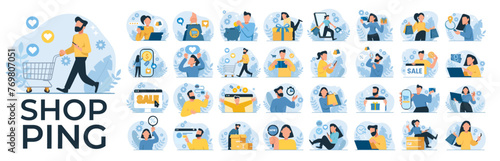 Shopping consumerism concept. Vector set of illustrations of men and women in various activities shopping online
