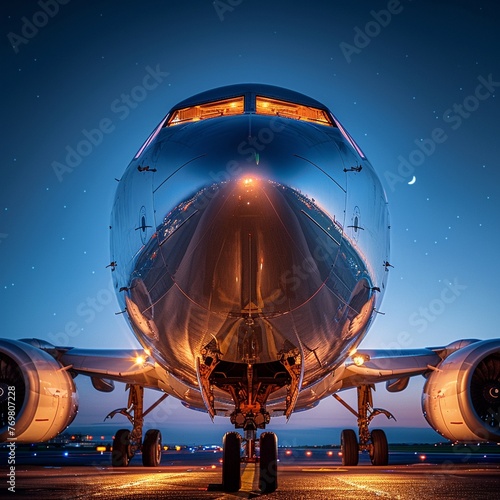 Clear fuselage aircraft deep blue sky observable passengers evening glow panoramic view , closeup