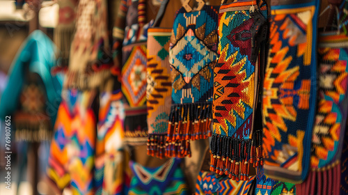 Rows of handmade bags  displaying vibrant patterns and craftsmanship at a traditional market