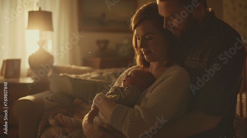 Baby is fast asleep in his mother's arms, and his father stands next to him, lovingly looking at his family