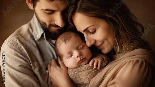 Baby is fast asleep in his mother's arms, and his father stands next to him, lovingly looking at his family