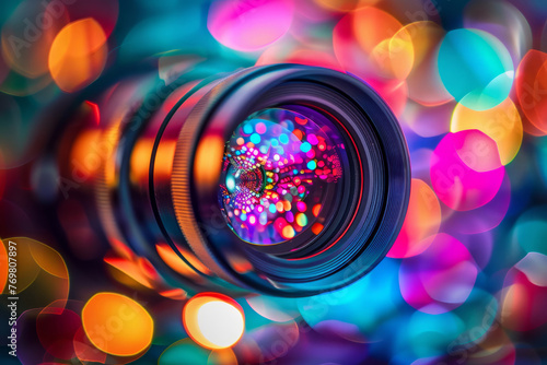 A colorful lens with a blurry background. The lens is surrounded by a colorful background with many different colors. The lens is the main focus of the image, and the background is blurry.