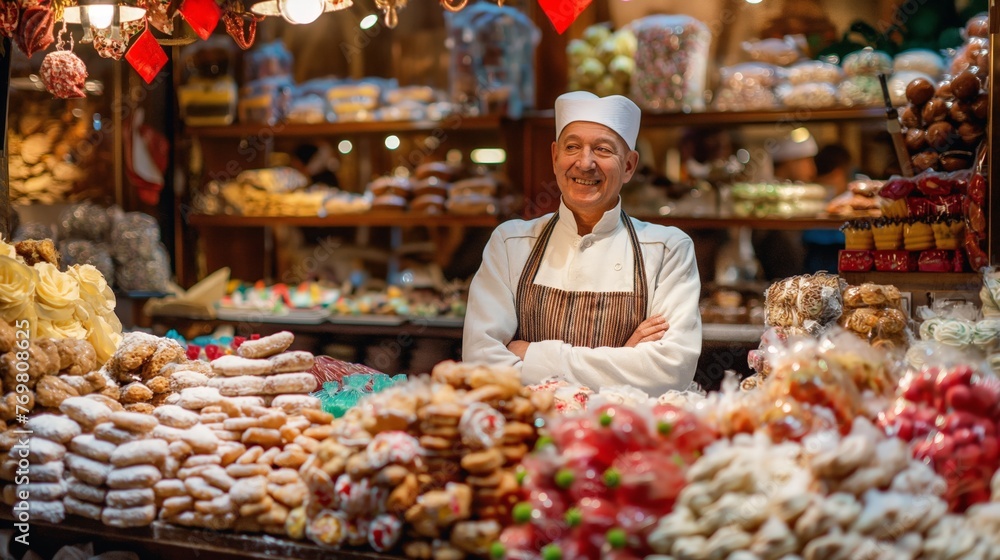 Joyful baker in white hat and apron standing proudly in front of an array of colorful candies and pastries.