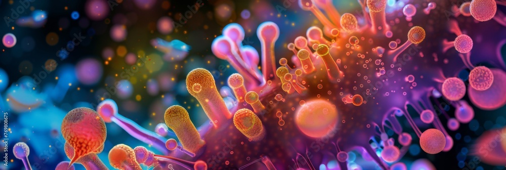 Through a microscope lens, microscopic bacteria, varied shapes and structures in vibrant colors and clarity Through a microscope lens, microscopic bacteria, varied shapes and structures in vibrant colors and clarity