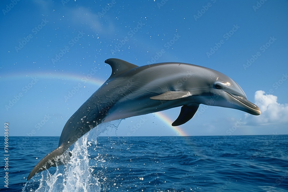 Fototapeta premium dolphin midleap with a rainbow forming in the splash