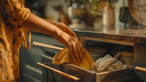 Female hands carefully wipe the inside of a kitchen drawer with a damp cloth