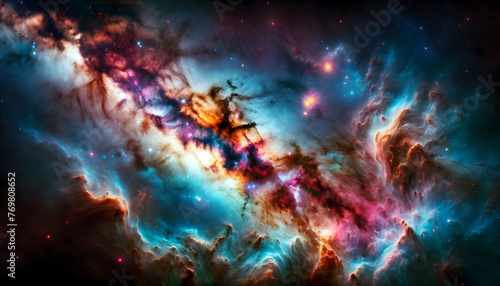 Cosmic nebula with interstellar clouds of gas and dust. © KeetaKawee